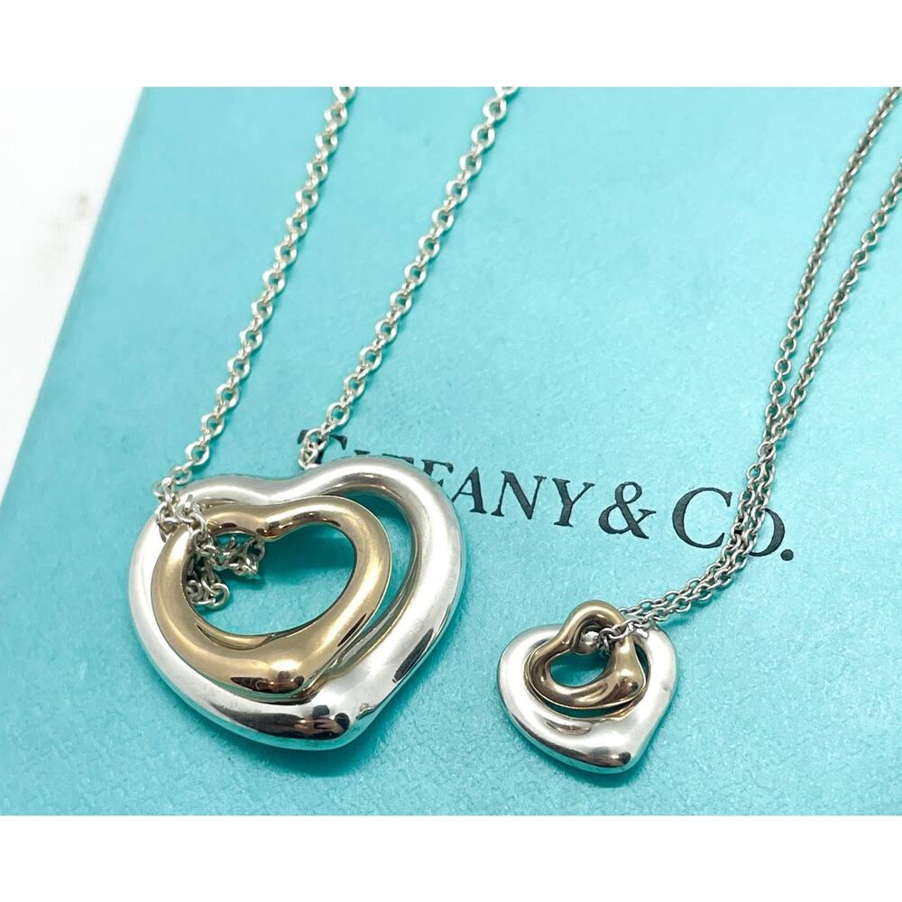 LARGE Tiffany & Co Elsa Peretti Double Open Heart Pendant Necklace 18k & Silver - Picture 4 of 13